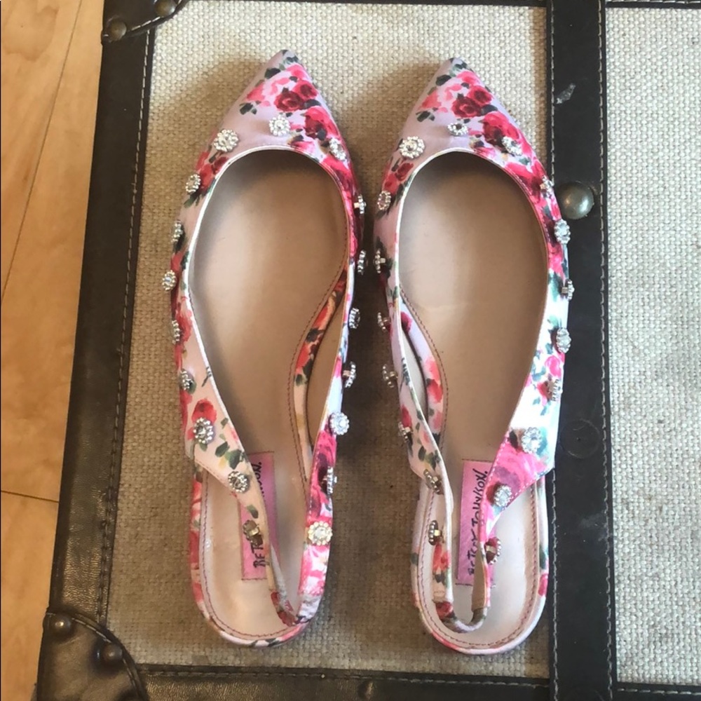 Betsey Johnson Floral Flats with rhinestones!
